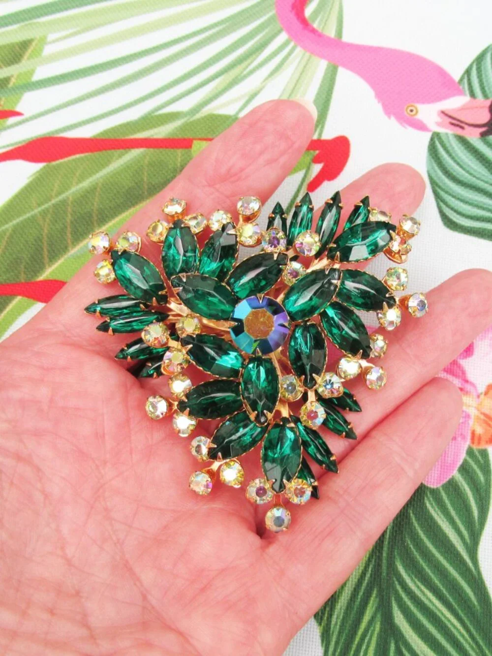 Vintage Austria Large Green Aurora Borealis Rhinestone Gold Tone Brooch Pin